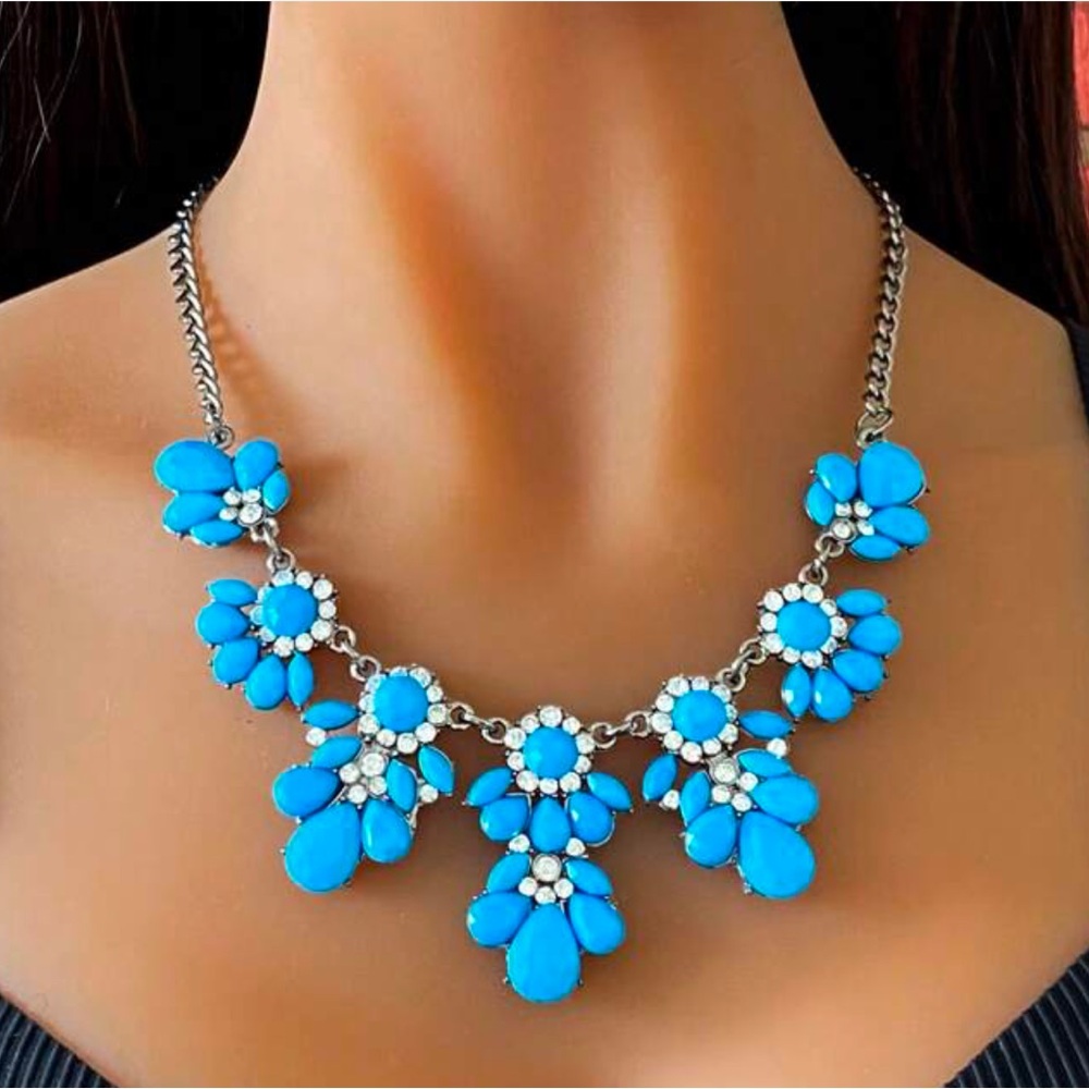 Blue White Crystal Teardrop Rhinestone Statement Boho Luxury Glamour Necklace